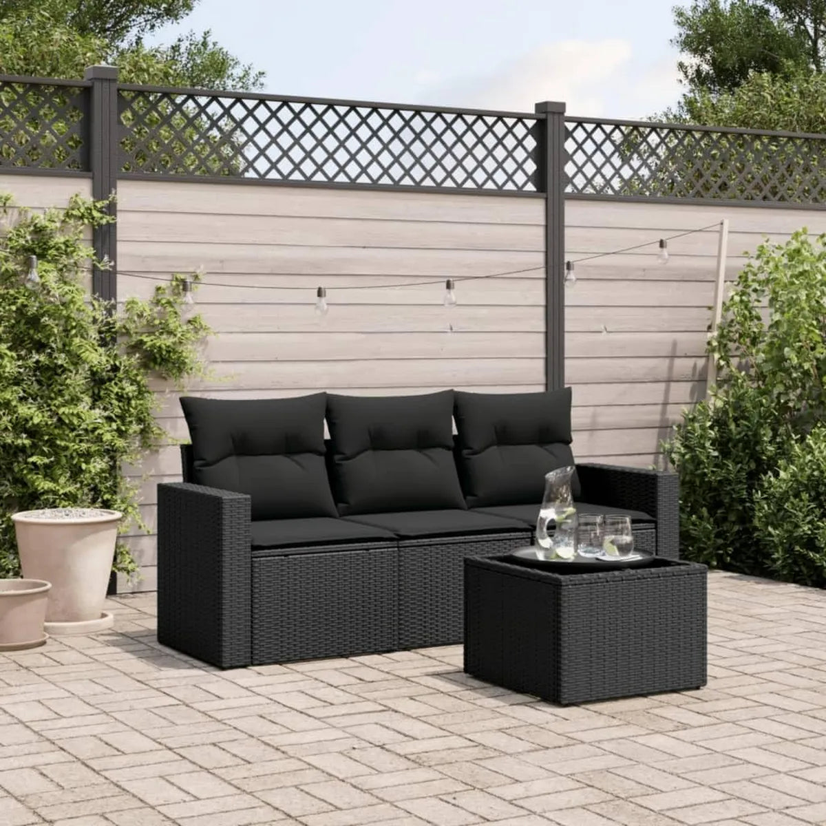 Conjunto Homgoday Sofá de Jardín 3 Plazas con Mesa y Cojines, Almacenamiento Integrado