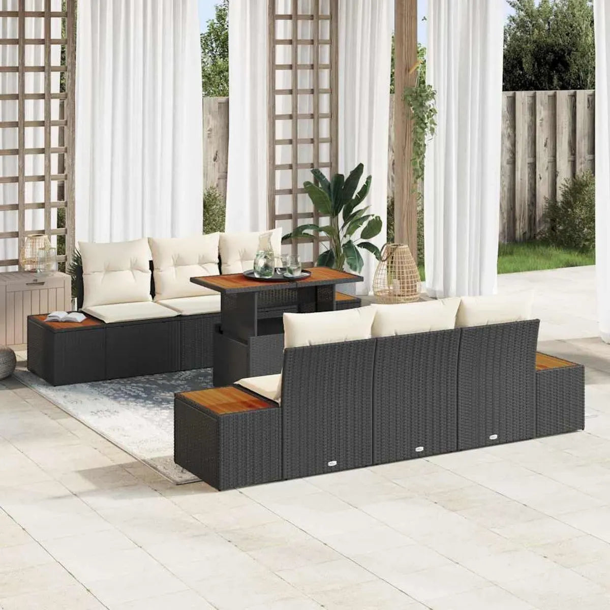 Conjunto de Comedor de Jardín 7 Piezas, Polirratán Negro y Beige, Cojines, Modular, Sofá Exterior, Balcón, Terraza, Resistente al Clima