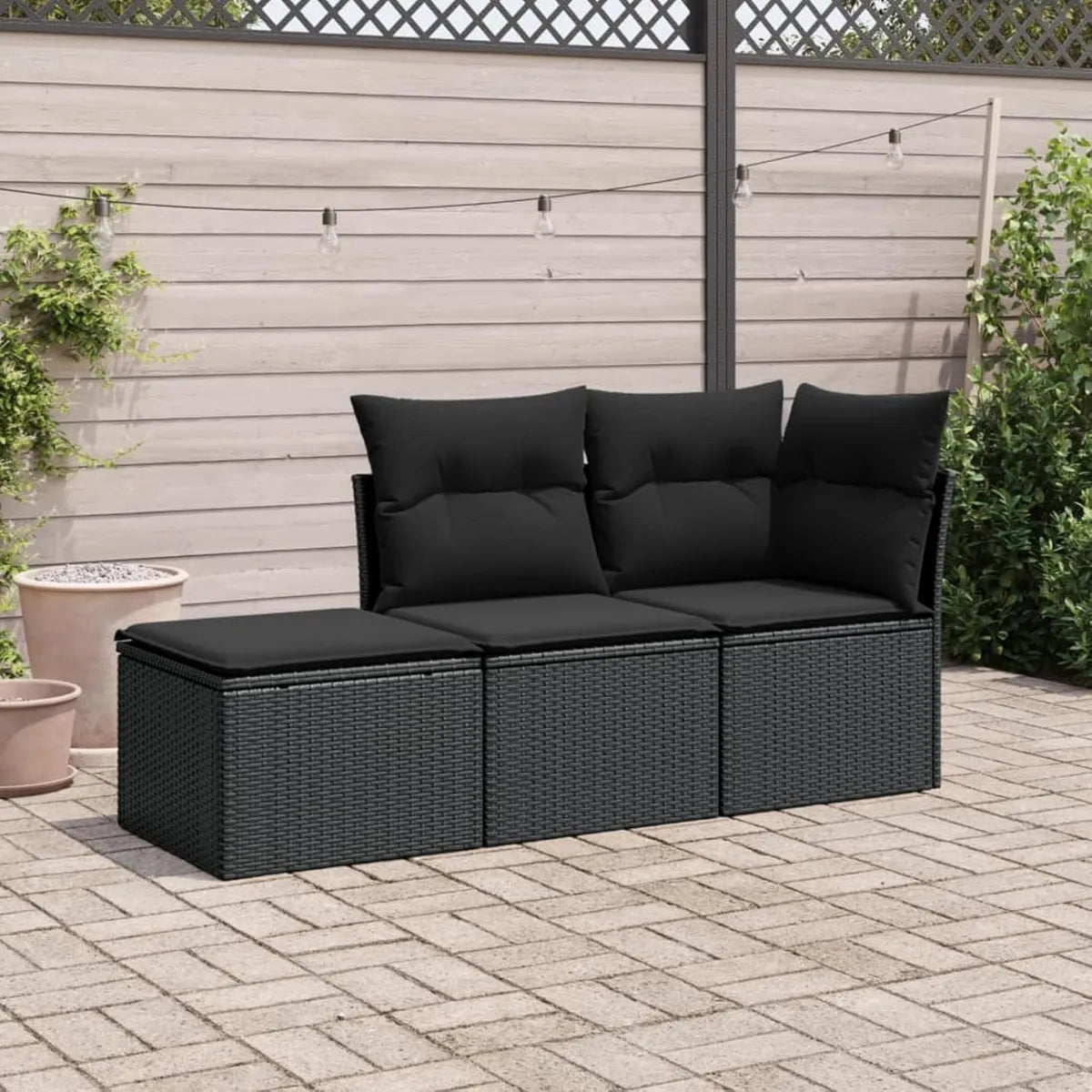 Conjunto de Sofás de Jardín con Cojines, Ratán Sintético Negro, 3 Piezas