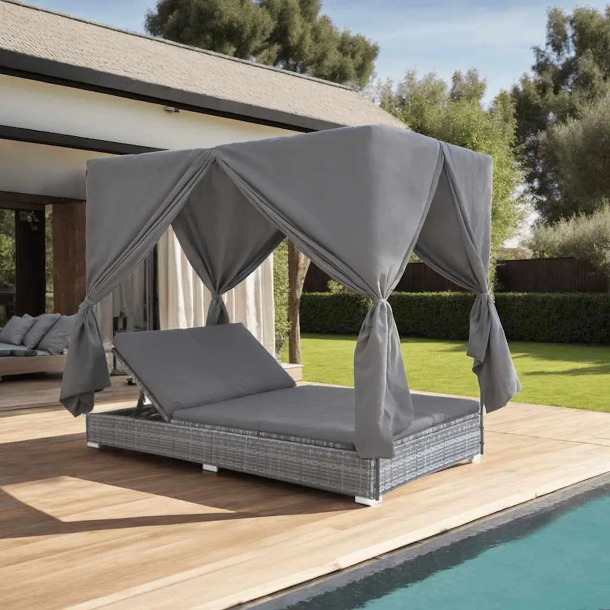 Tumbona de Jardín con Cortinas de Rattán Sintético, Color Gris, para Exteriores