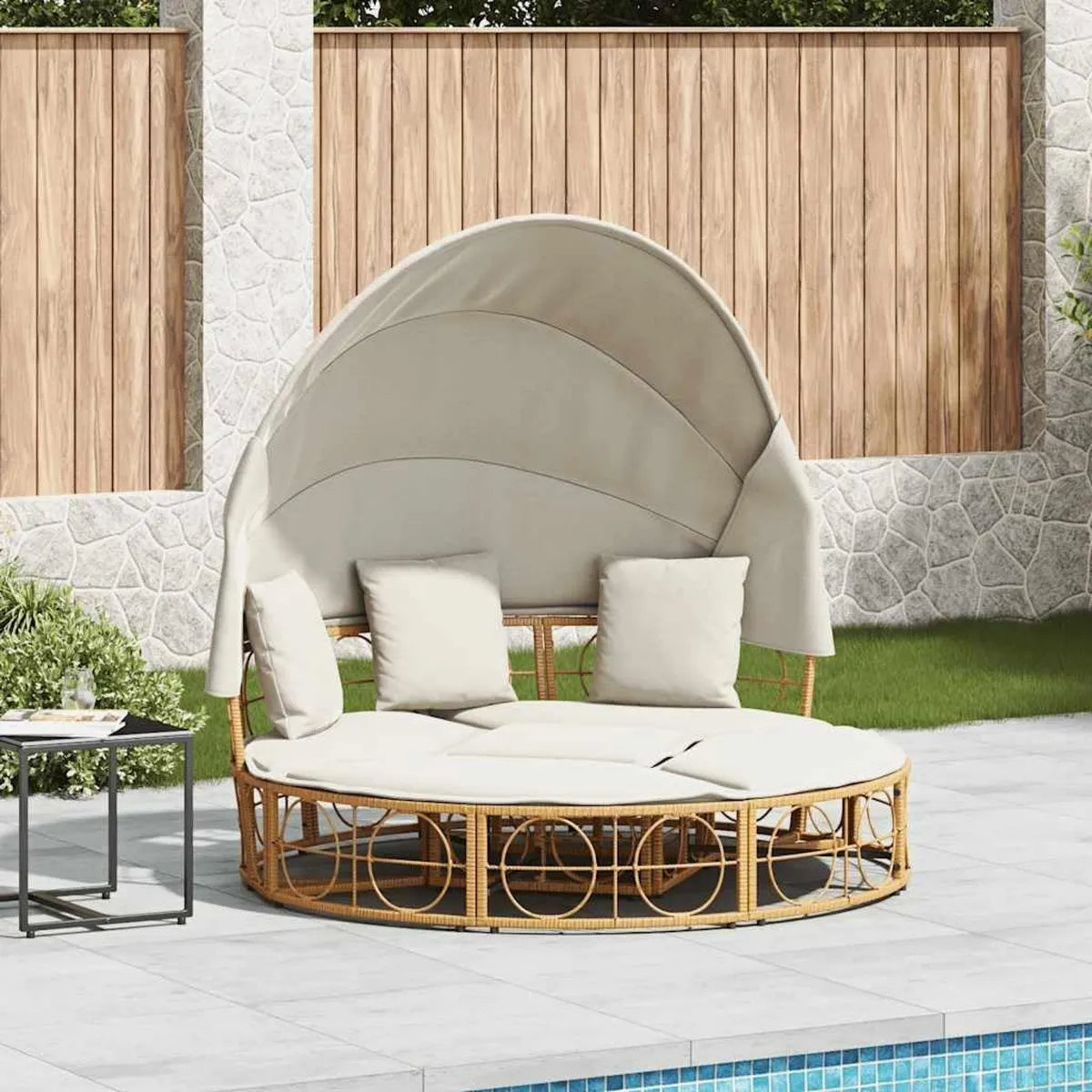 Sofá cama exterior con dosel y cojines, tumbona de jardín en resina, muebles de terraza y balcón