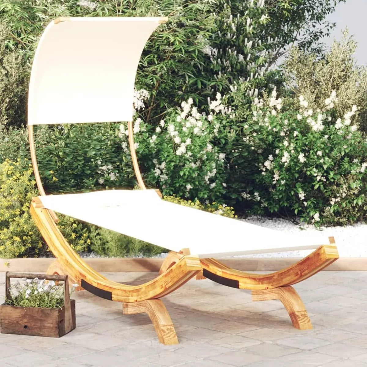 Tumbona de Madera con Dosel para Jardín y Piscina 100x200x126 cm Crema