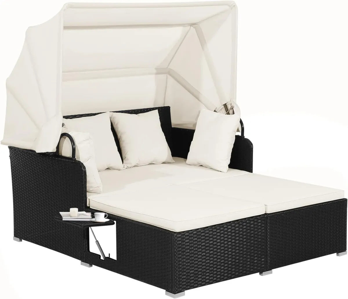 Elegante Cama Doble de Ratán para Exterior con Capota, Paneles Plegables, Ideal para Jardín y Patio, 165x153x138 cm (Blanco)