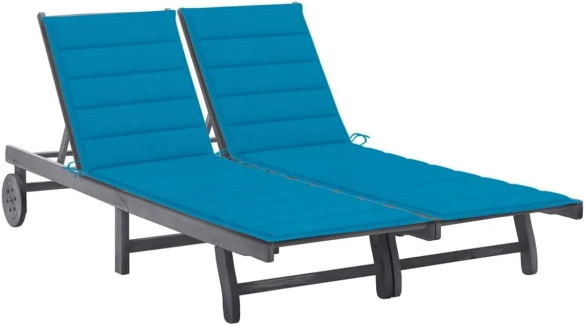 Tumbona doble de madera de acacia, ajustable con cojines, para jardín y piscina