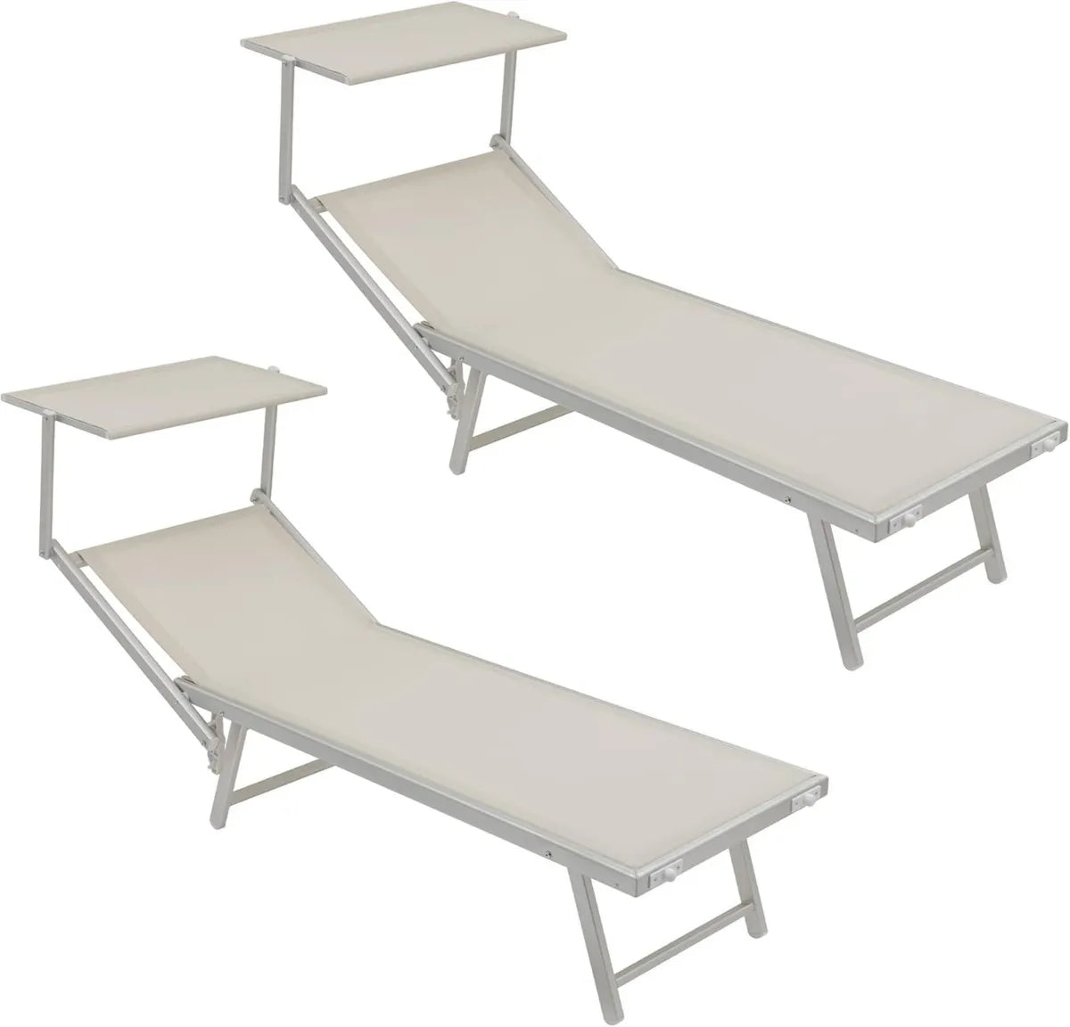 Tumbona Plegable Exterior con Parasol, Estructura de Hierro Ajustable, 90x181x59 cm, Blanco, Set de 2