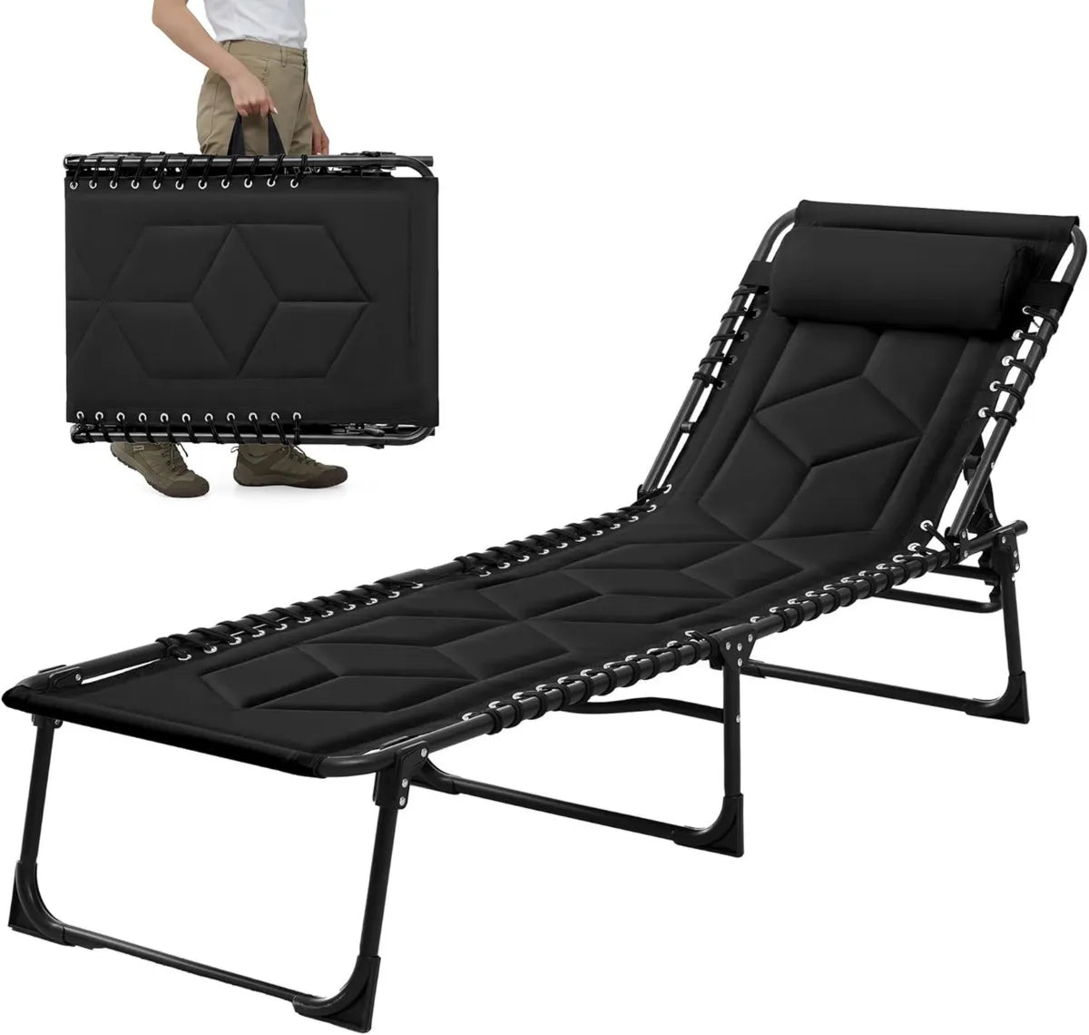 Tumbona Plegable Ajustable con Cojín para Exterior e Interior, Cama de Camping Portátil para Jardín, Playa y Piscina (Negro)