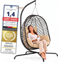Columpio de Ratán Suspendido para Interiores y Exteriores, Silla Huevo con Estructura Resistente, Ideal para Jardín y Terraza, Soporta hasta 120 kg (Beige)