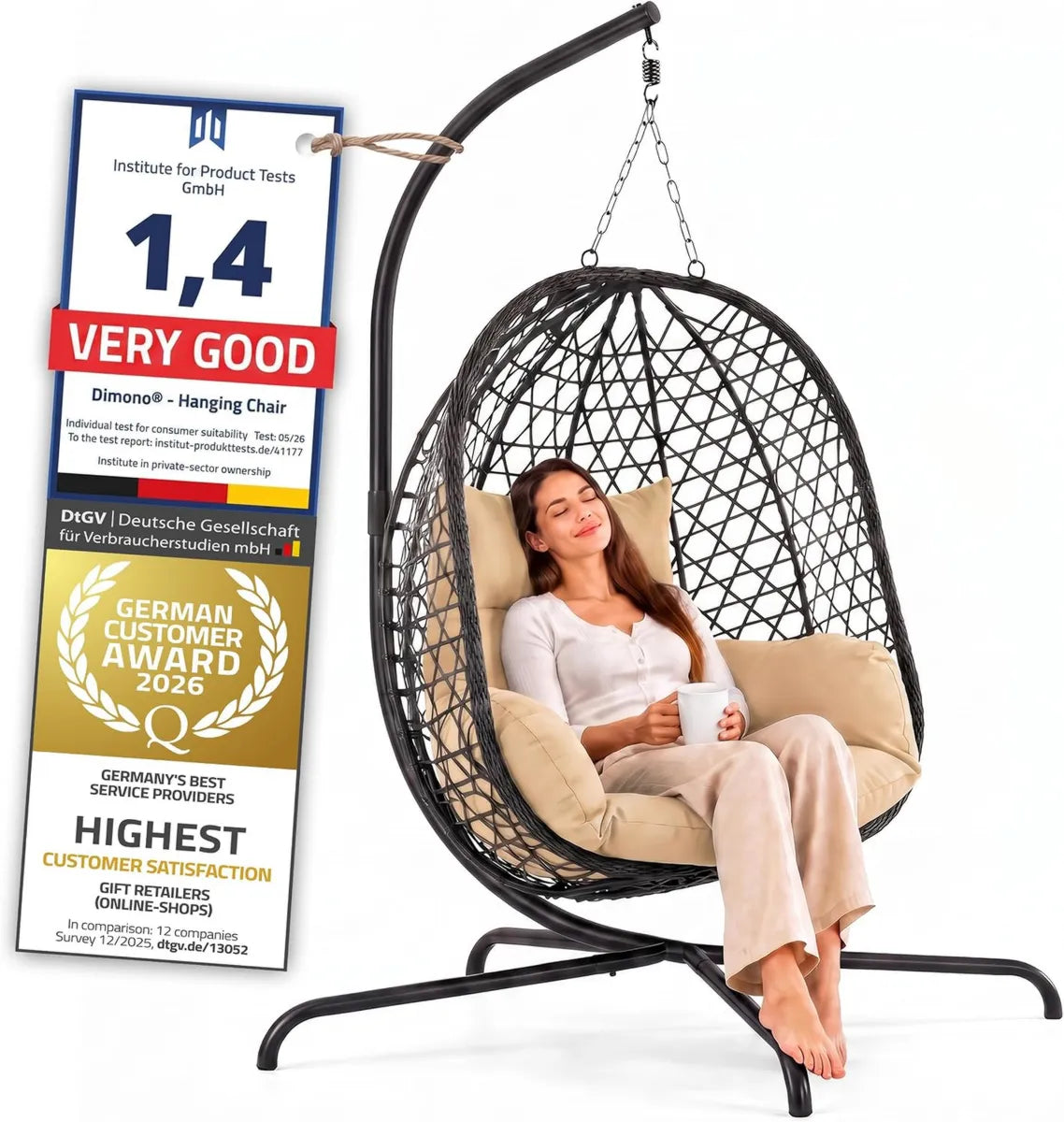 Columpio de Ratán Suspendido para Interiores y Exteriores, Silla Huevo con Estructura Resistente, Ideal para Jardín y Terraza, Soporta hasta 120 kg (Beige)