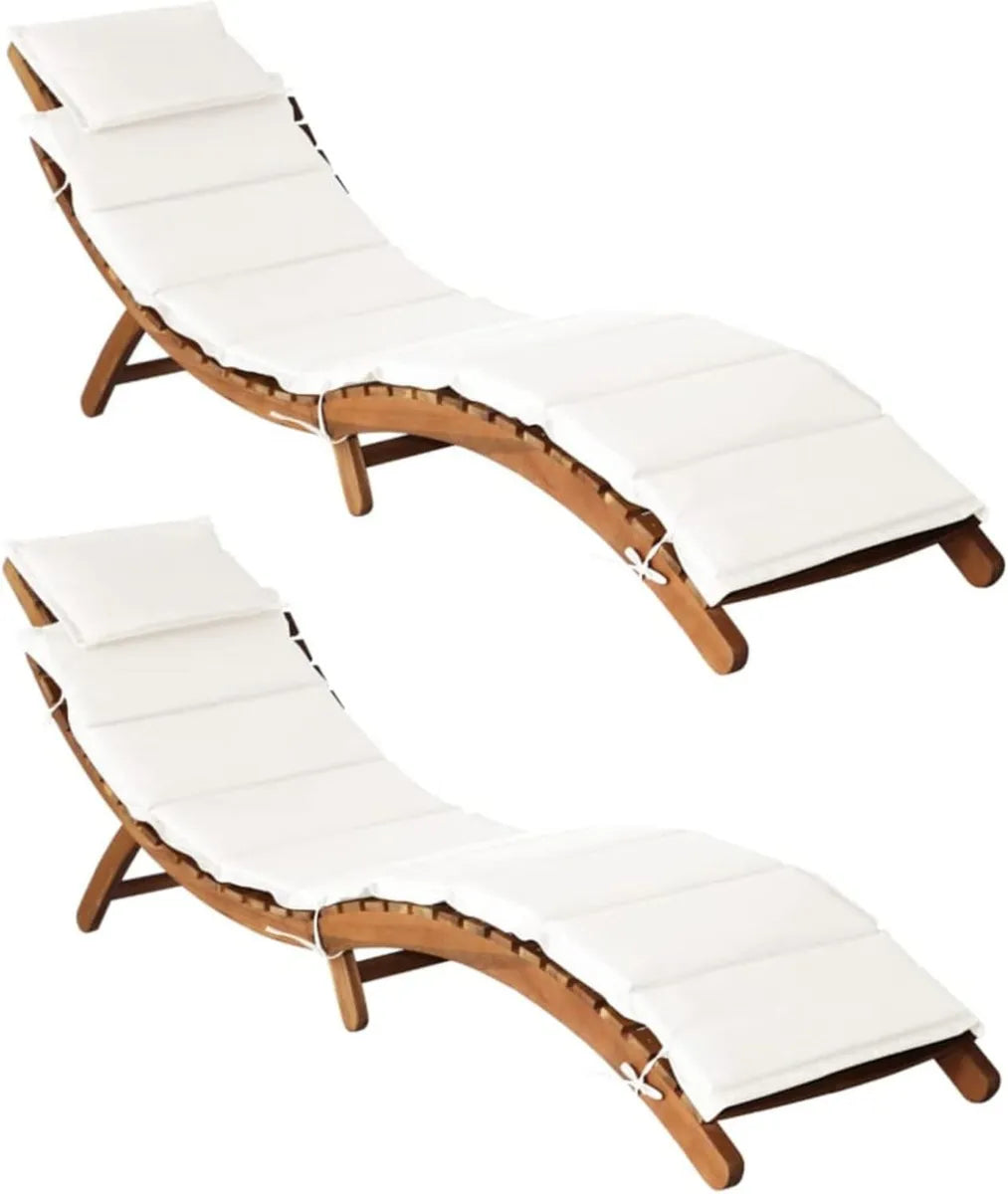 Conjunto de 2 tumbonas de madera de acacia blanca con cojines crema para jardín