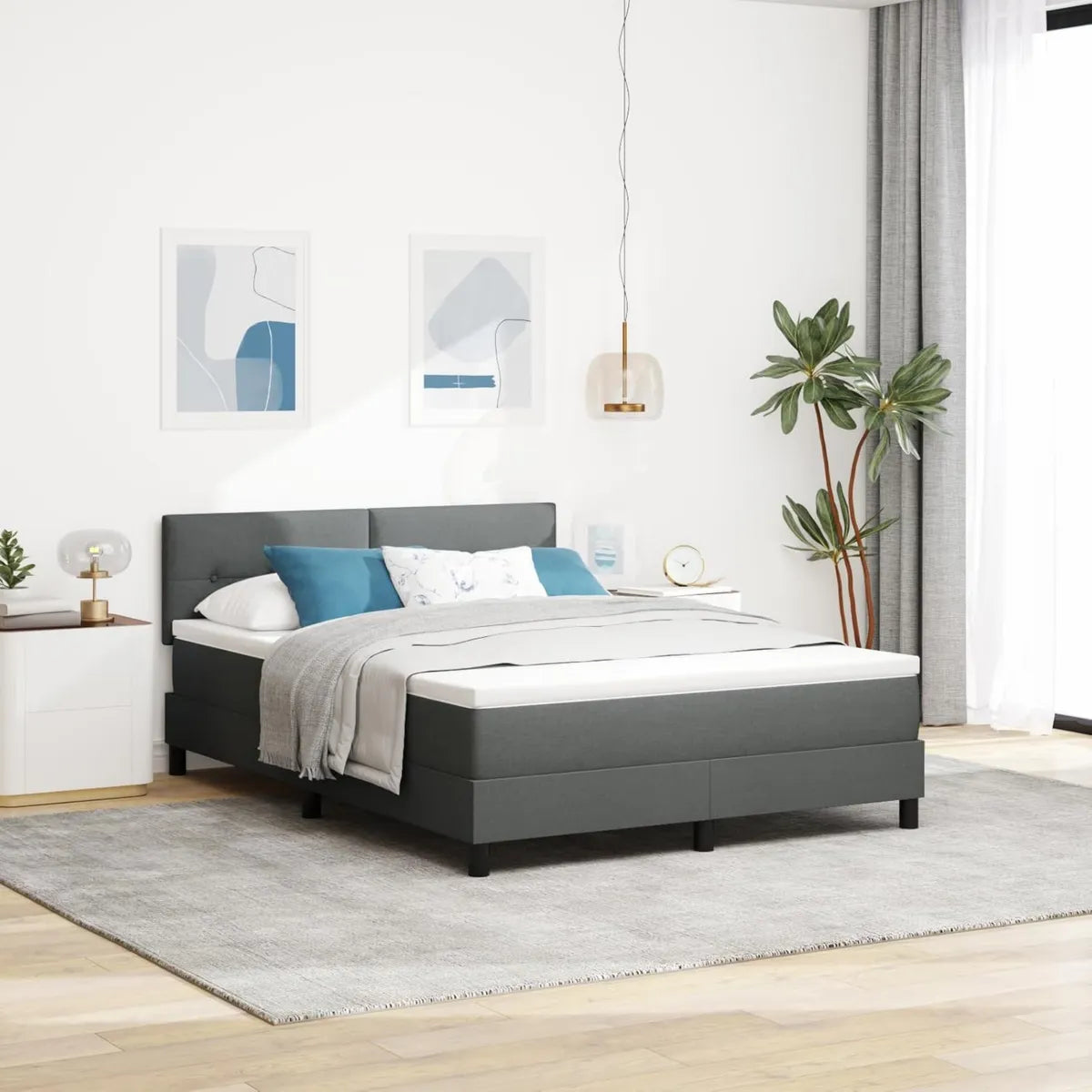 Cama tapizada gris oscuro 160x200 cm con colchón y cabecero moderno