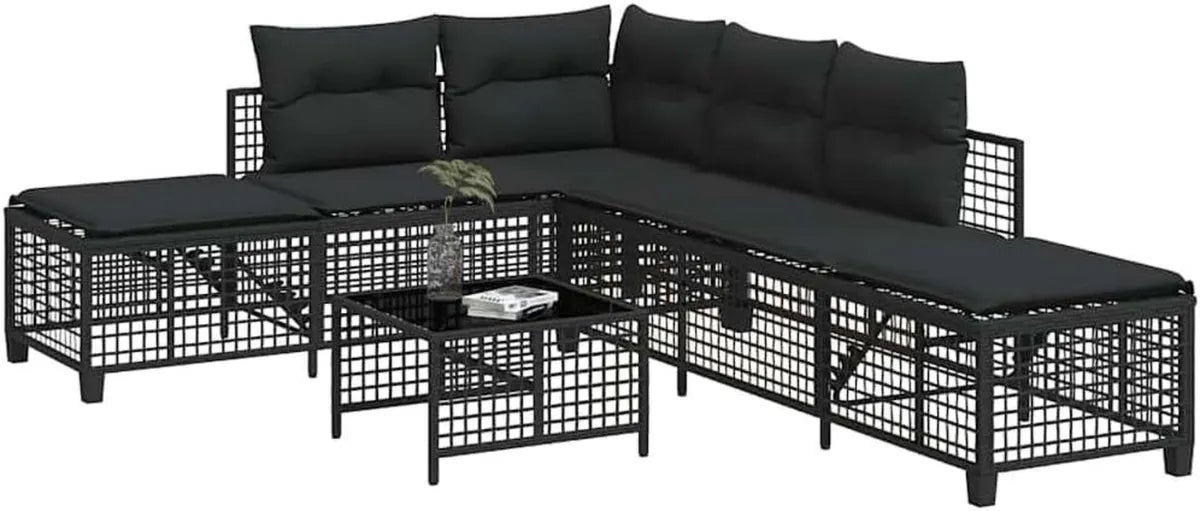Set de Sofás Esquineros de Jardín de Ratán Sintético Negro con Laterales Ajustables y Cojines Cómodos para Exterior