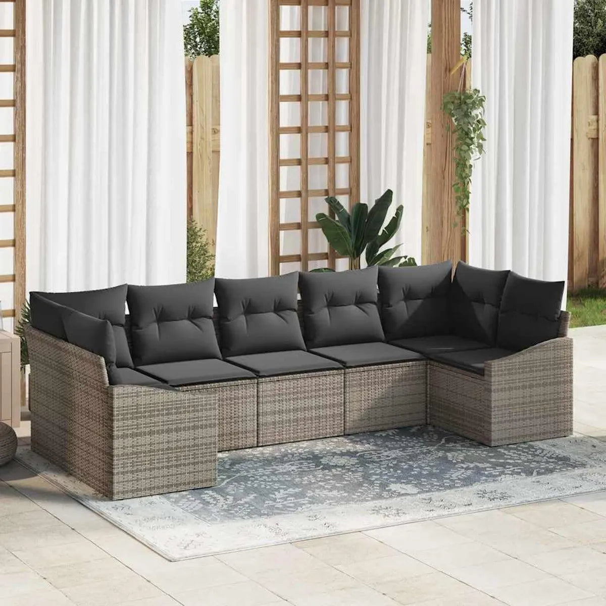 Conjunto de salón exterior de 7 piezas en ratán sintético gris con almacenamiento integrado y cojines confortables para jardín o terraza
