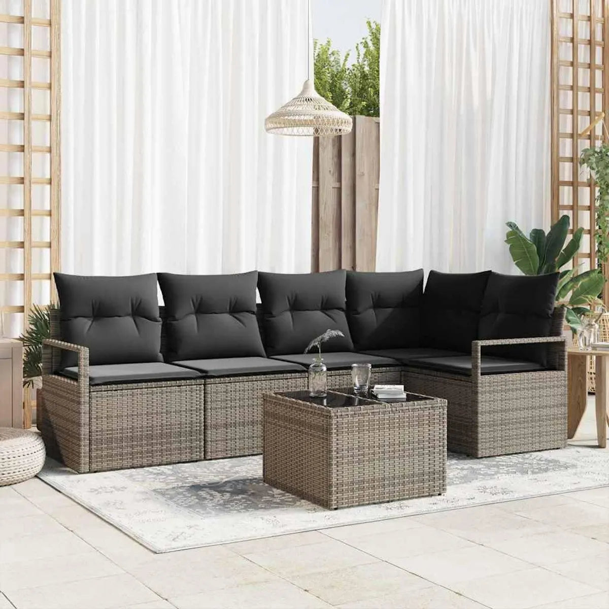 Conjunto de sofás modulares para jardín, 6 piezas, ratán sintético resistente, cojines confortables y almacenamiento, color gris claro