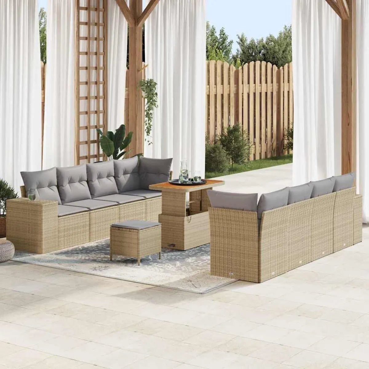 Conjunto de Sofás Modulares de Ratán Sintético para Jardín de 11 Piezas, Beige y Gris Claro