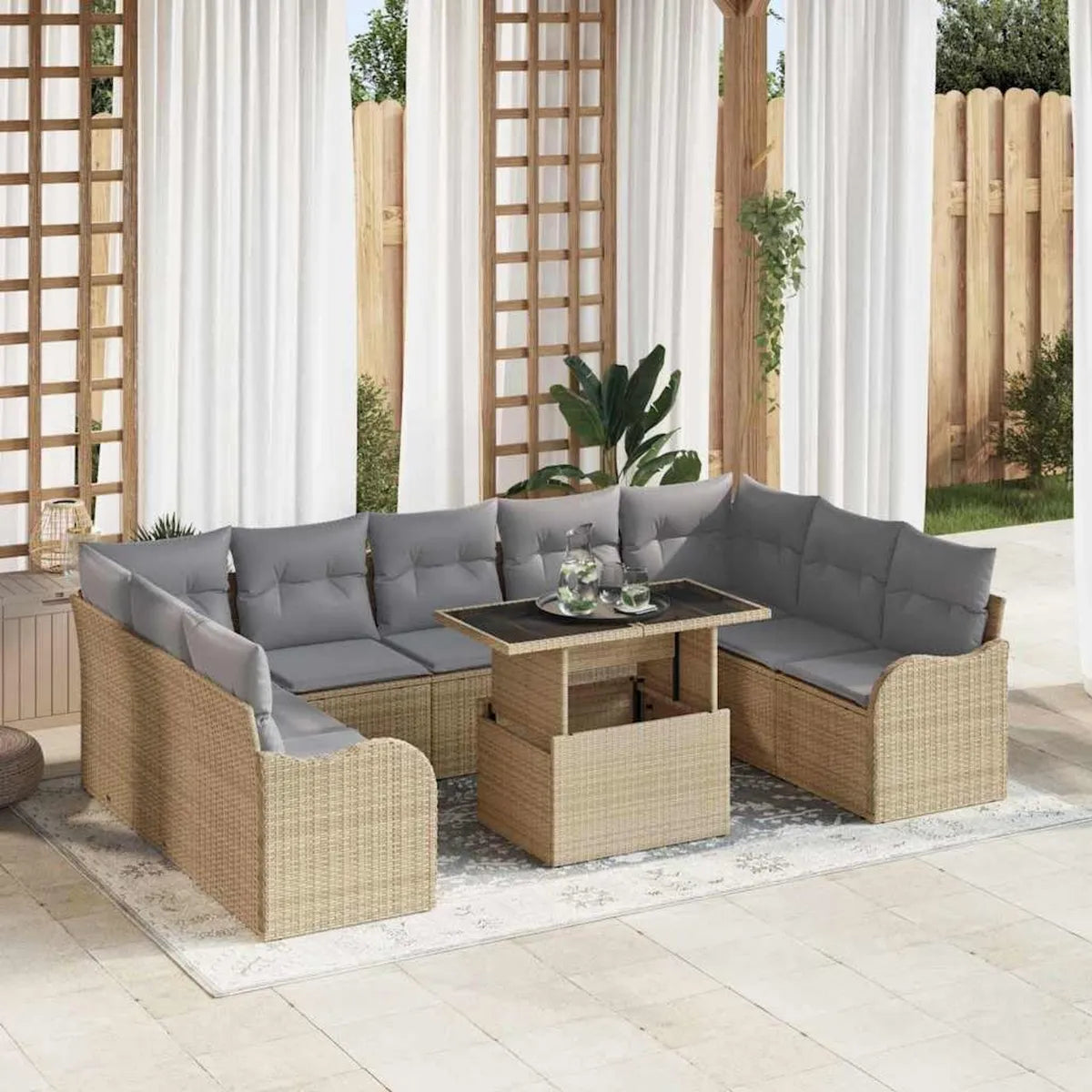 Conjunto de Sofás de Jardín de 10 Piezas en Ratán Sintético Beige, Resistente a UV, Muebles Modulares para Terraza