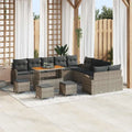 Conjunto de Muebles de Jardín 14 Piezas en Ratán Sintético y Madera de Acacia, Gris, con Cojines Incluidos