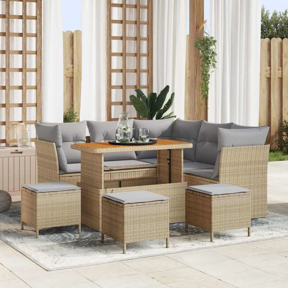 Conjunto de Sofás de Jardín de 9 Piezas, Rattan Sintético Beige y Gris, Estructura de Madera de Acacia, Resistente al Clima para Terraza