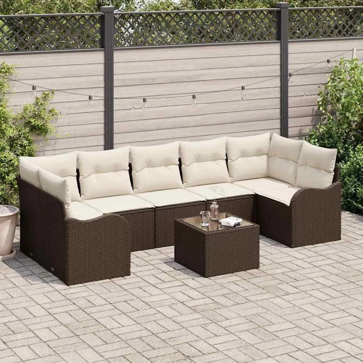 Conjunto de sofá de jardín de 8 piezas resistente al clima, ratán sintético, color marrón