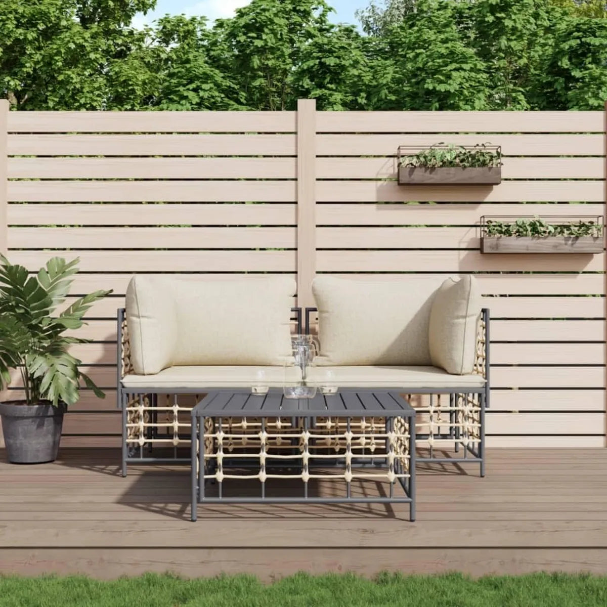 Conjunto de Jardín de 3 Piezas en Ratán Antracita, Resistente al Clima, con Cojines Cómodos y Estructura de Acero