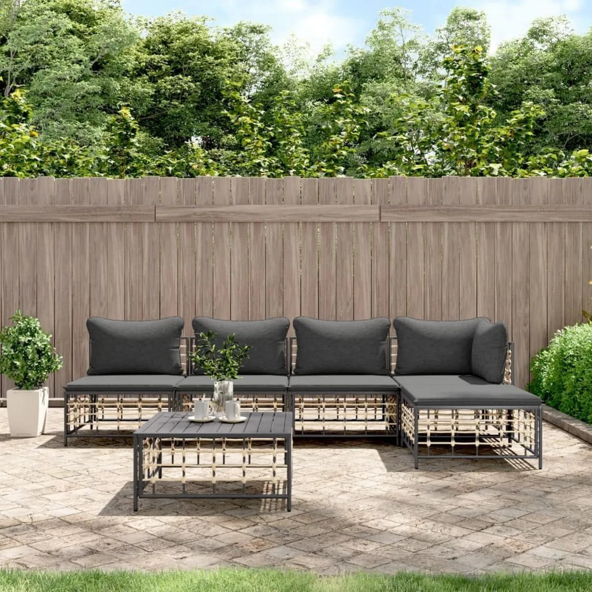 Conjunto de 6 sillas de jardín de ratán antracita con cojines impermeables para exteriores