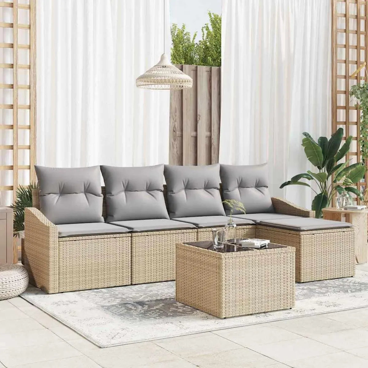 Conjunto de Sofás de Ratán para Jardín con Cojines, Beige y Gris, Muebles Modulares para Terraza con Almacenamiento