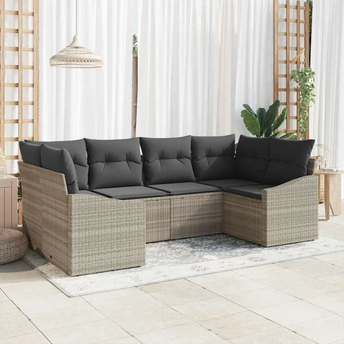 Conjunto de Muebles de Jardín 6 Piezas, Ratan Sintético Gris Claro y Acero, Almacenamiento Integrado