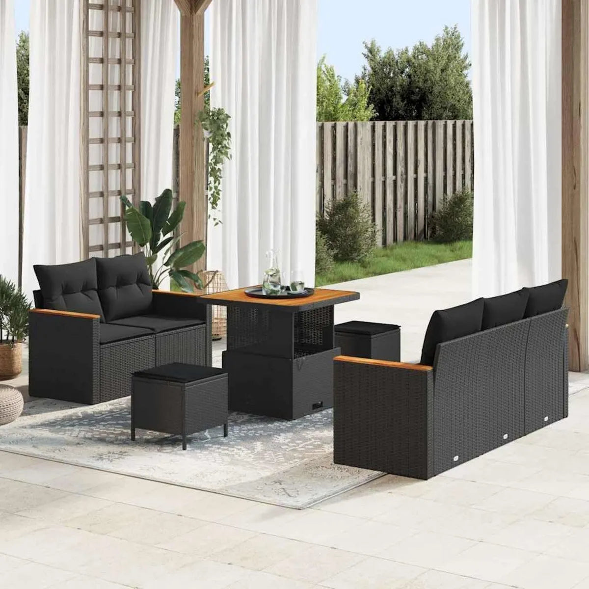Conjunto de Sofás de Jardín de Ratán Negro, 8 Piezas con Cojines, Modular para Terraza y Balcón, Resistente a UV