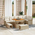 Conjunto Modular de Sofás de Jardín Beige de 9 Piezas, Rattán y Acacia, Resistente al Clima
