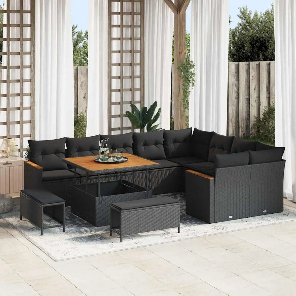Conjunto Modular de Sofás de Jardín de Ratán Negro con Cojines, 12 Piezas para Exterior