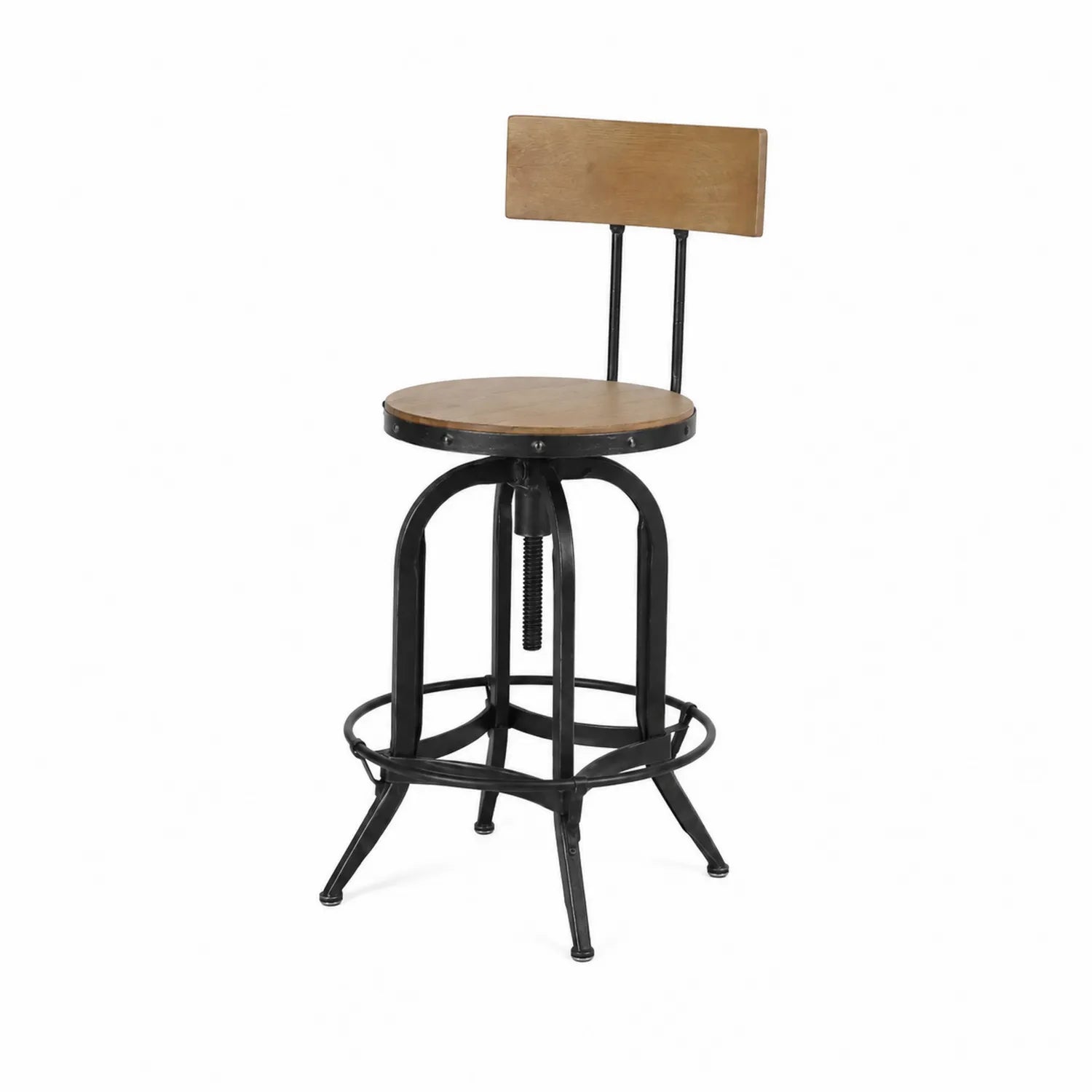 Taburete de bar ajustable de madera y metal negro