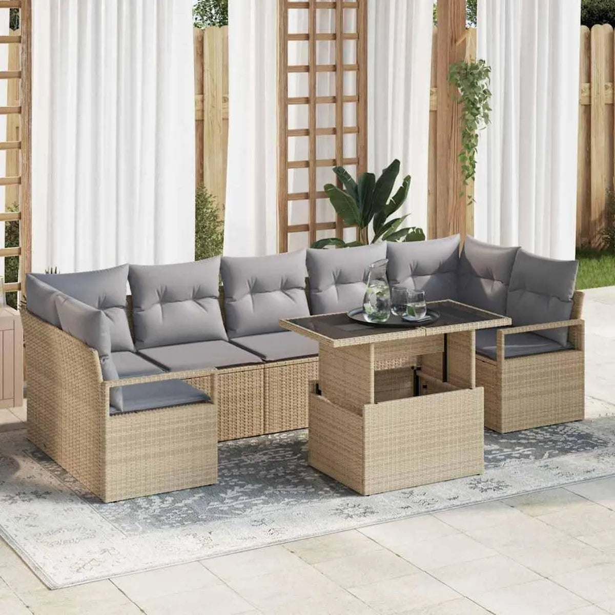 Conjunto de 8 Sofás de Jardín de Polirratán, Acero Revestido, Beige y Gris Claro, 100x55x73 cm, Muebles Modernos de Exterior para Patio