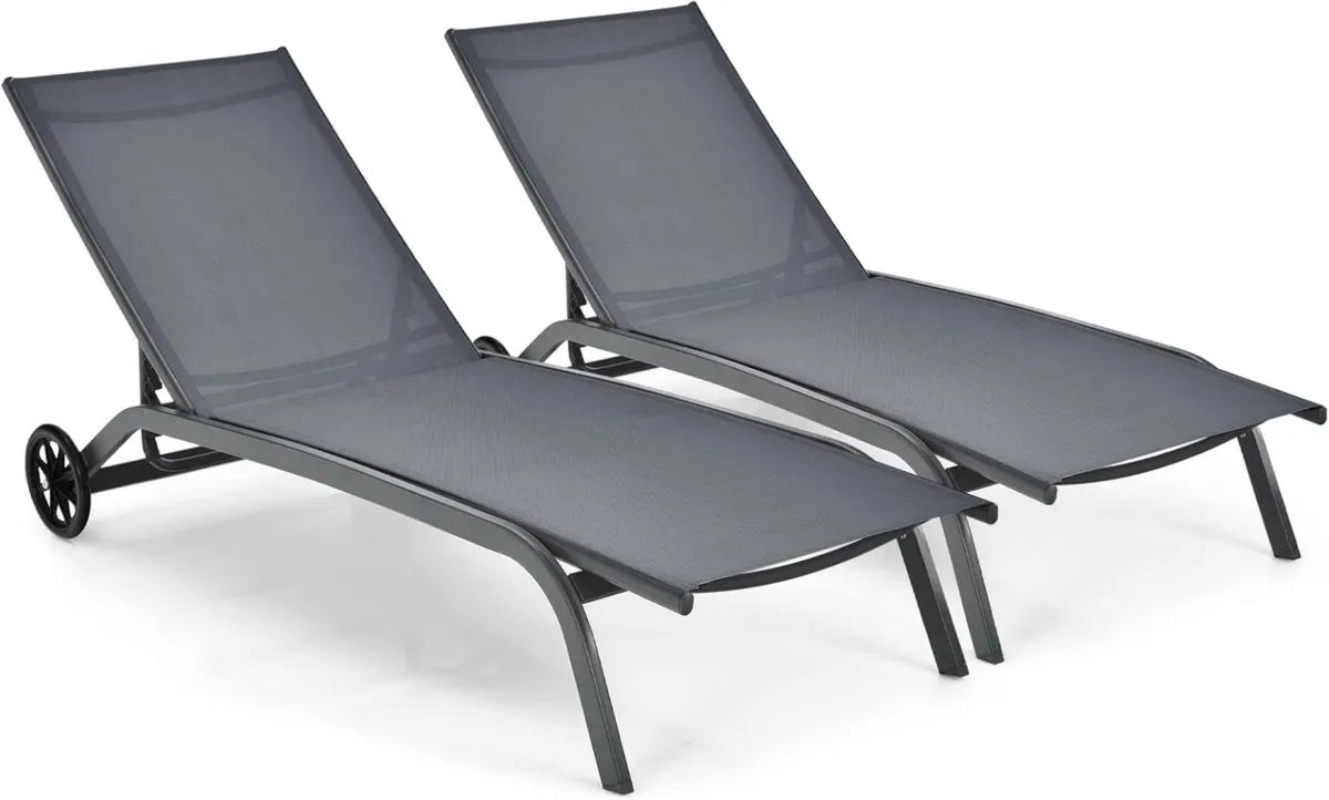 Tumbona Reclinable de Jardín con Ruedas y Tela de Texileno, 6 Posiciones, 164,5x61x34cm, Ideal para Terraza, Playa y Piscina (Gris, Set de 2)