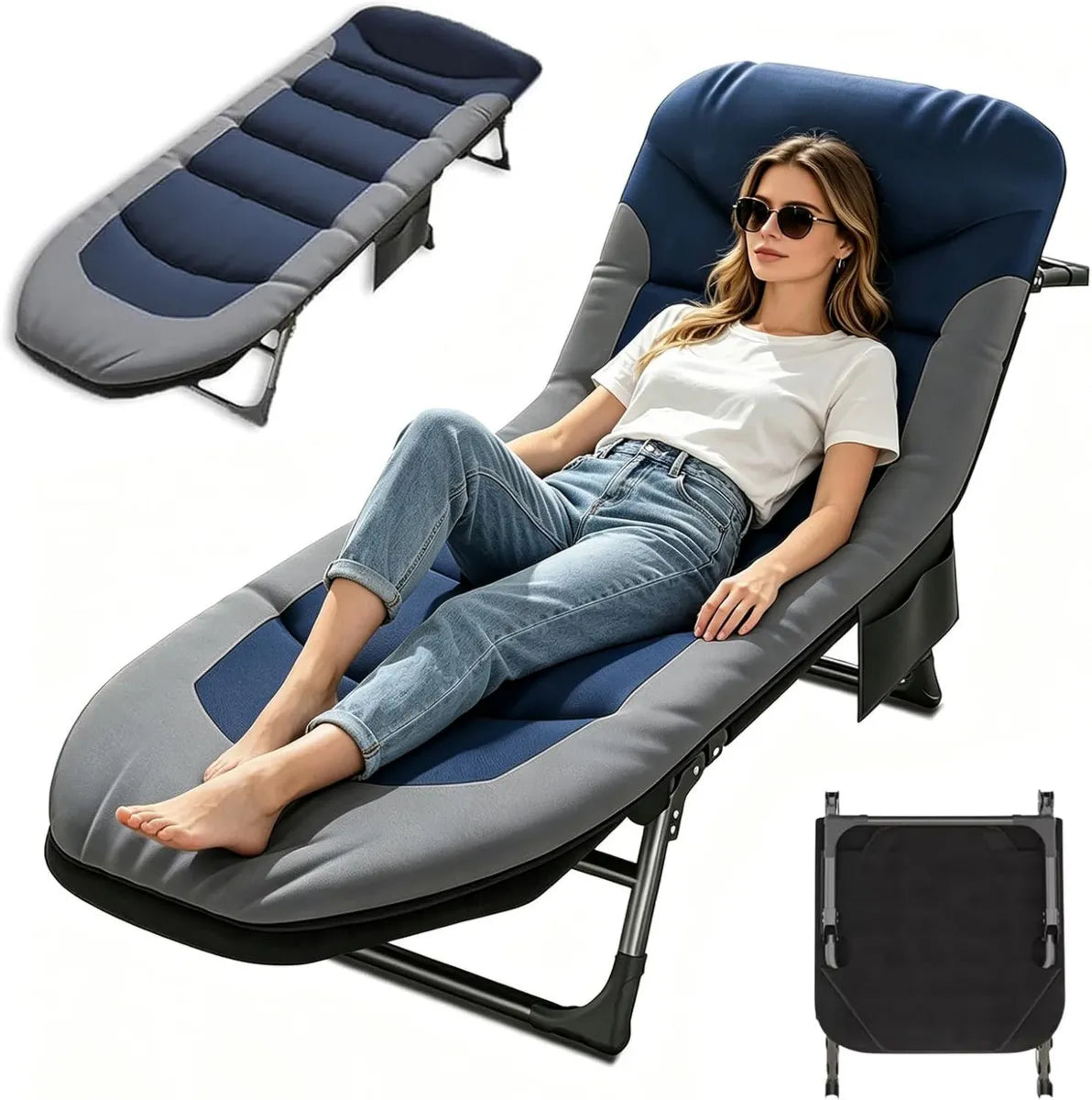 Tumbona Reclinable Plegable Azul para Jardín y Camping, Uso Interior y Exterior
