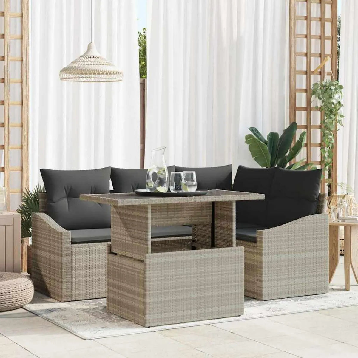 Conjunto de Sofás de Jardín en Poliratán, 5 Piezas, Cojines Incluidos, Gris Claro, 100x55x73 cm, Resistente a UV para Terraza y Balcón