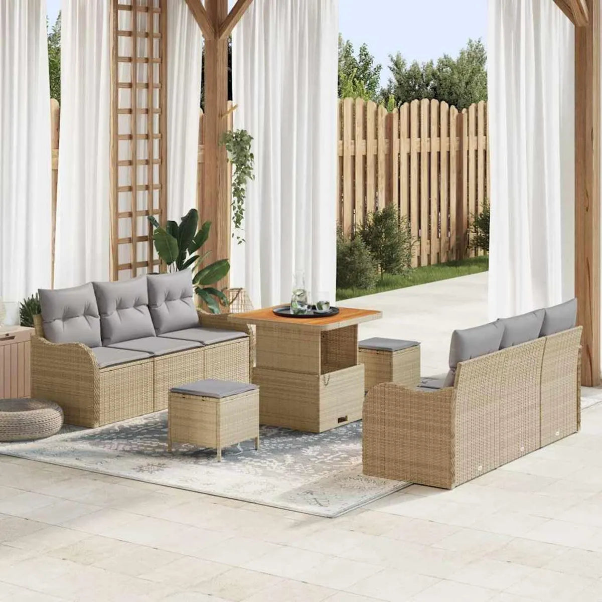 Set de Sofás de Jardín de Ratán Sintético Beige y Gris Claro con Almacenamiento y Mesa de Acacia para Terraza y Balcón