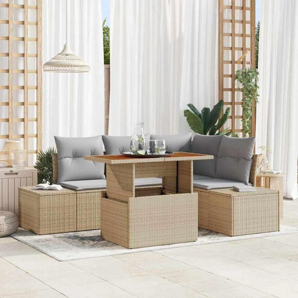 Conjunto de Sofás de Jardín 5 piezas Beige y Gris Poliratán con Madera de Acacia Resistente al Clima