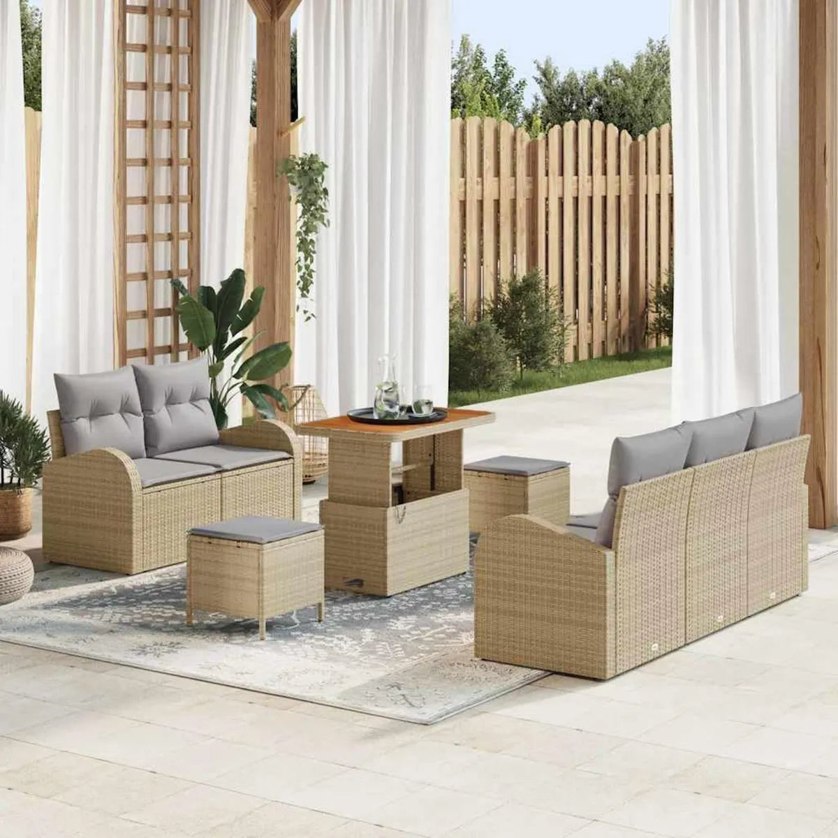 Conjunto de Sofás de Jardín de Poliratán Beige y Gris Claro con Tableros de Madera de Acacia, Ideal para Terraza, 90x55x71 cm