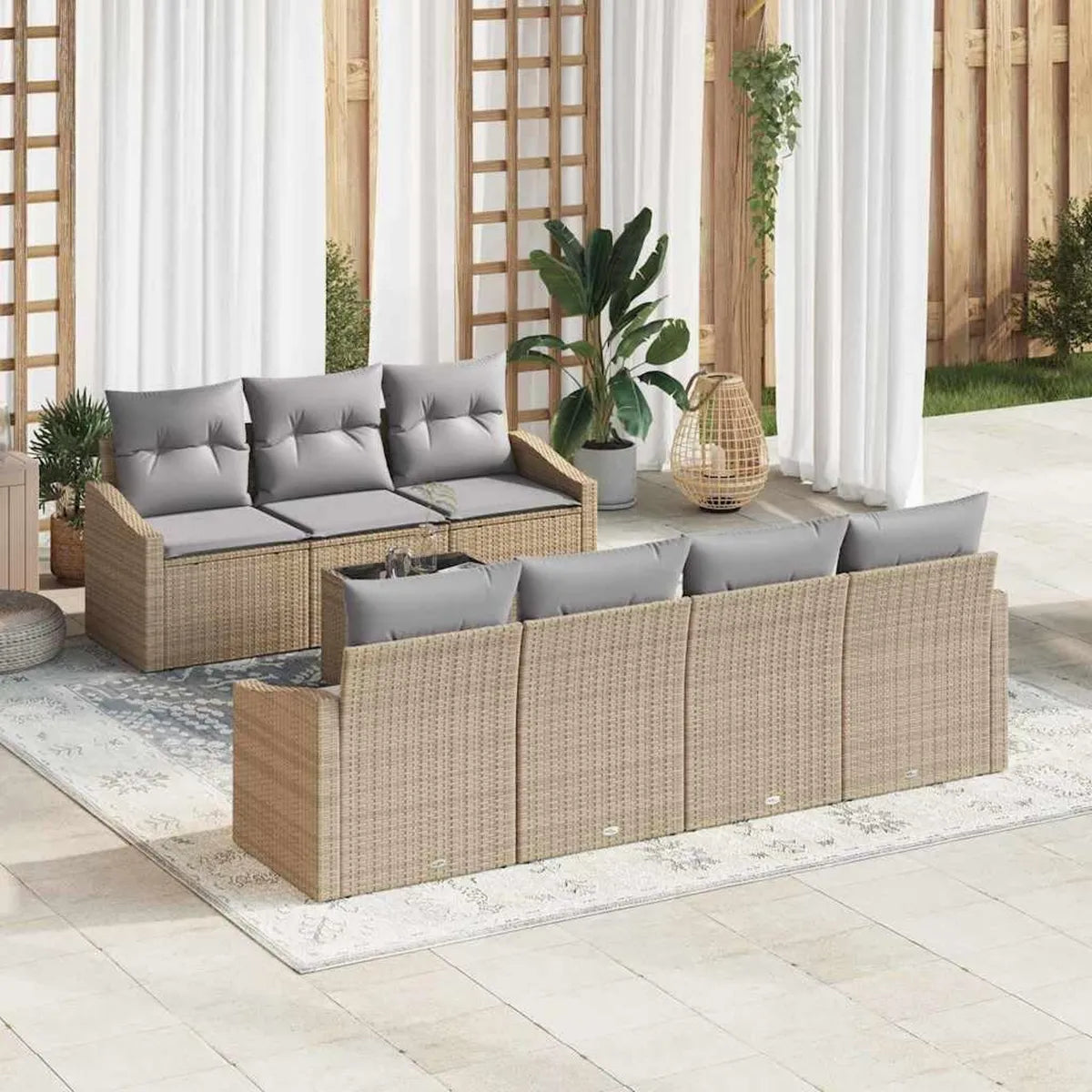 Conjunto de sofás modulares de ratán sintético para jardín, 8 piezas, beige/gris con cojines, uso en terraza y balcón, acabado mate