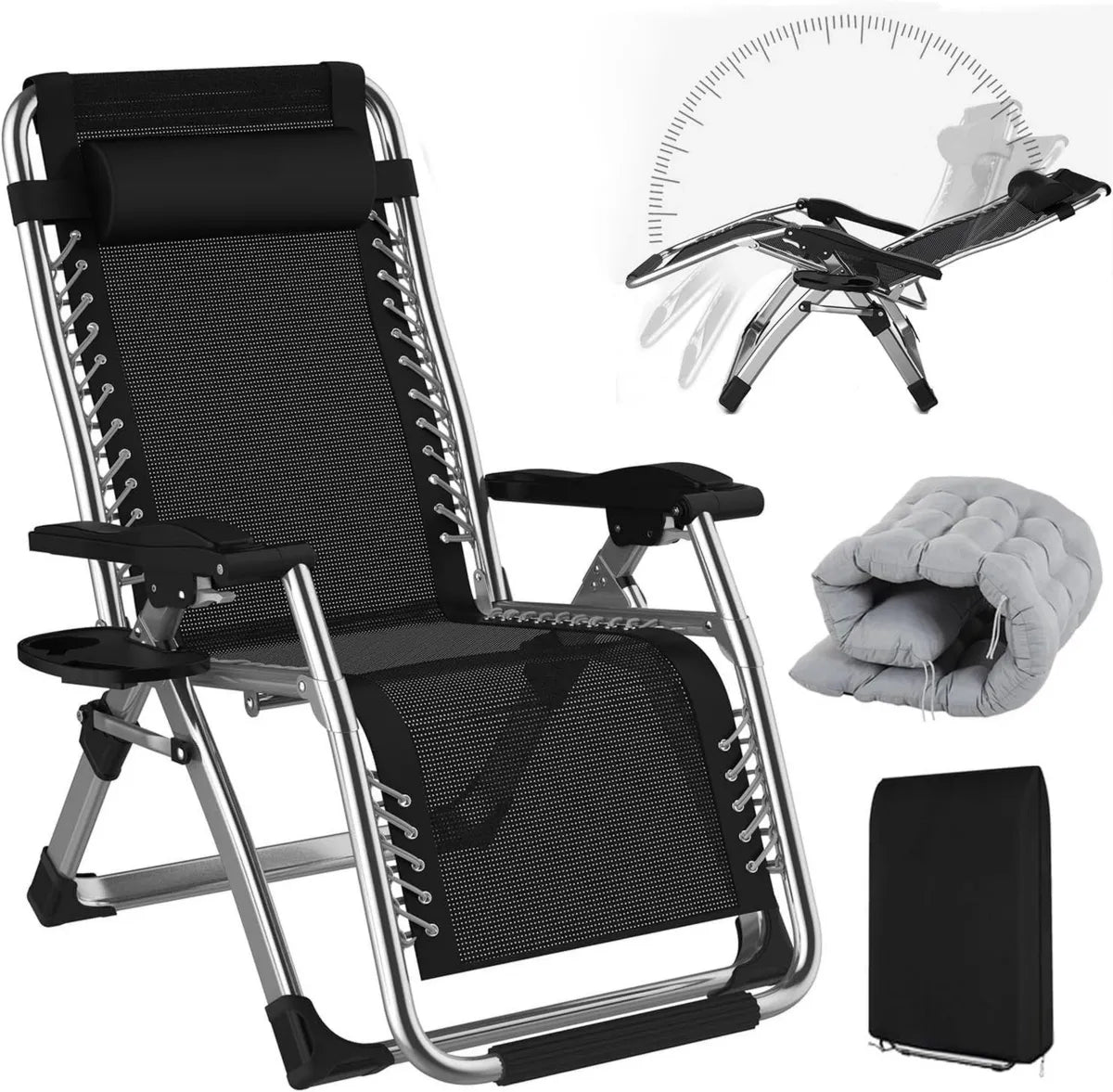 Silla Reclinable Exterior Aluminio de Gravedad Cero con Cojín y Portavasos, Capacidad 240KG, Ideal para Jardín, Terraza y Playa