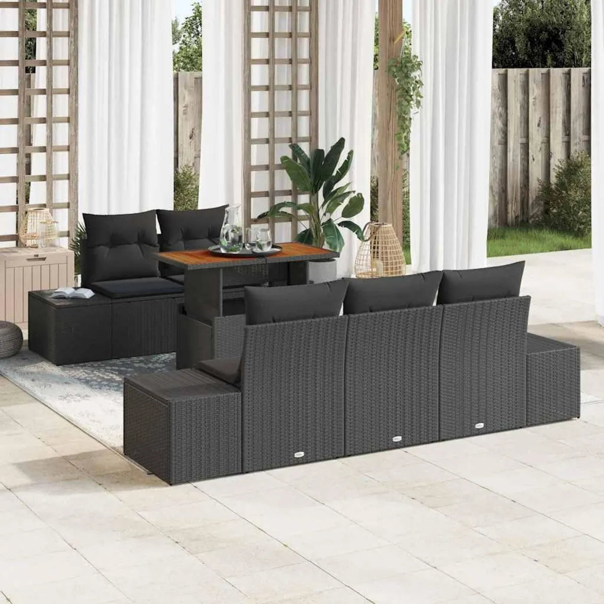 Conjunto de comedor exterior para jardín, 6 plazas, negro y marrón, poliéster y acero de acacia, 100x55x73 cm, sofá con almacenamiento para balcón