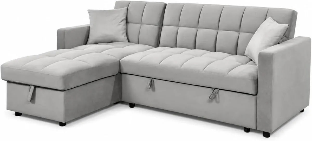 Sofá Cama Chaise Longue 3 Plazas Reversible con Arcón, Tapizado en Terciopelo Gris, Estructura de Pino, 210x145 cm