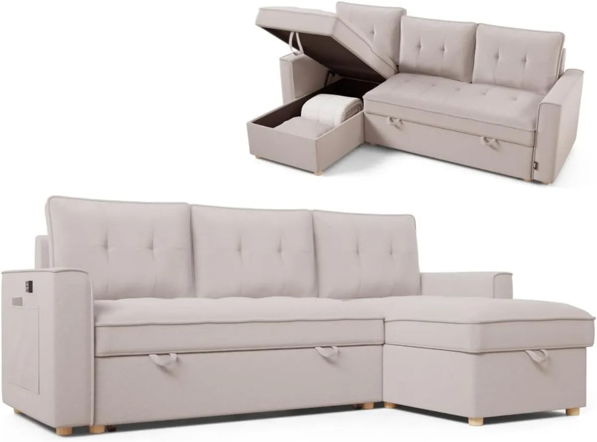 Nalui - Sofá Cama Chaise Longue Reversible con Almacenamiento 3 Plazas, Gris Claro