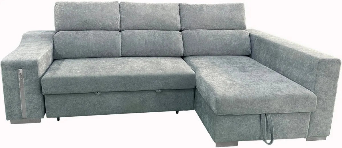 Sofá Chaiselongue Cama Carla Derecha con Arcón y Taburetes, Tapizado Gris