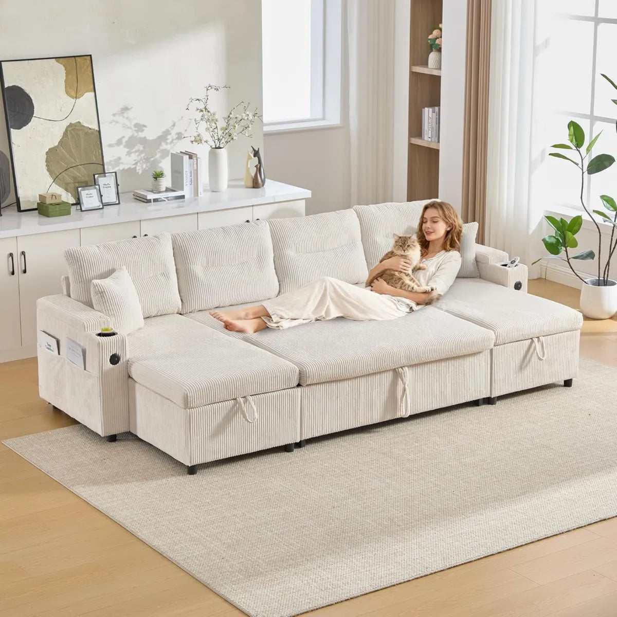 Sofá Modular en U de 4 Plazas, Pana Beige con Chaise Longue y Puerto USB, Multifuncional con Espacio de Almacenamiento