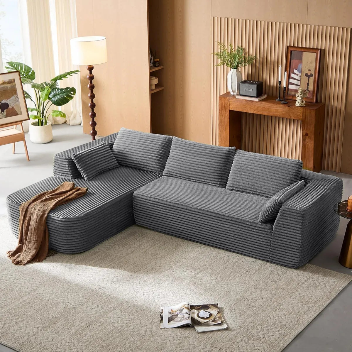 Sofá de Esquina Modular LINSY Home de 3 Plazas con Cama y Otomana, Forma de L, 270 cm, Sin Montaje
