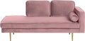 Sofá chaise longue terciopelo rosa, orientado a la derecha, patas metálicas, diseño elegante