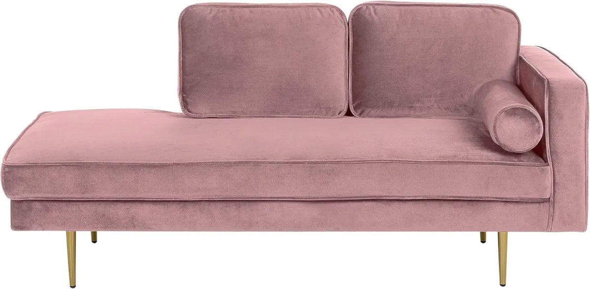 Sofá chaise longue terciopelo rosa, orientado a la derecha, patas metálicas, diseño elegante