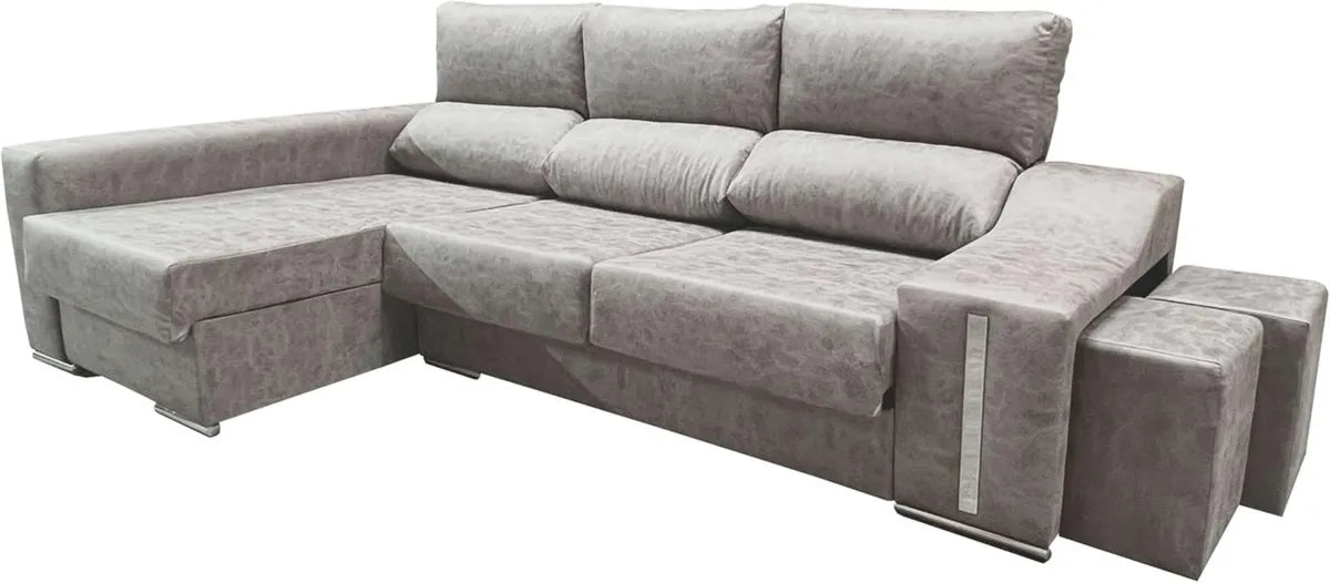 Sofá Chaise Longue Izquierda Oscar 3 Plazas con Arcón y 2 Puffs Gris