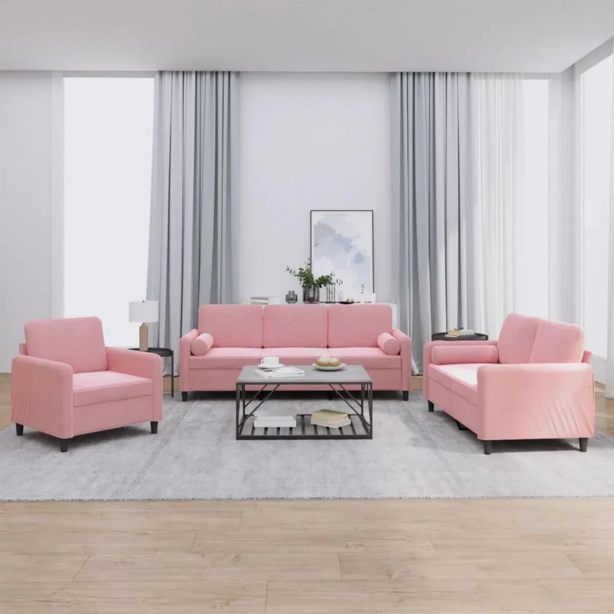 Conjunto de Sofás Chaise Longue Moderno de Terciopelo Rosa con Cojines y Almohadas