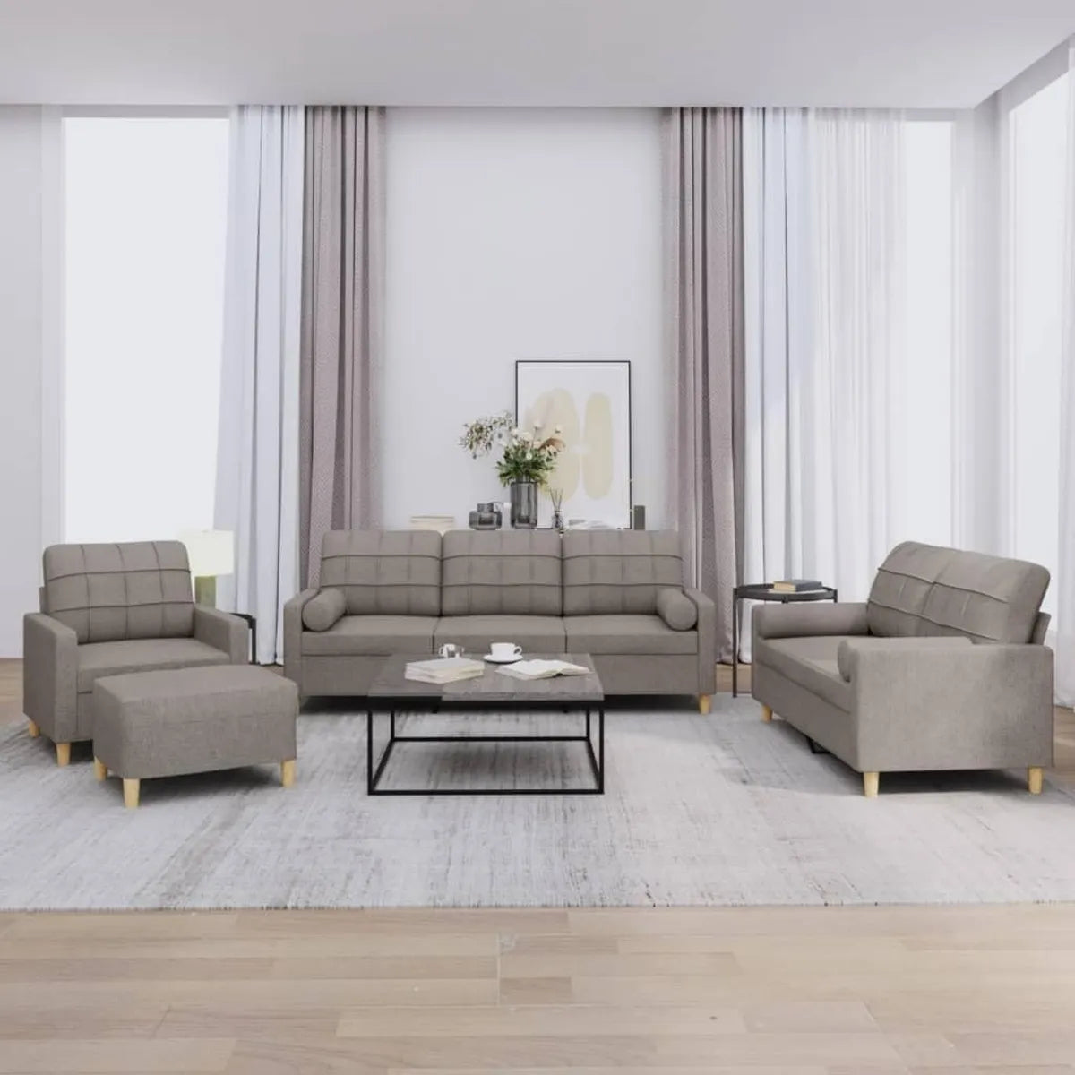 Conjunto de Sofás Moderno Minimalista de Tela Gris Taupe con Cojines, 4 Piezas para Sala de Estar o Apartamento